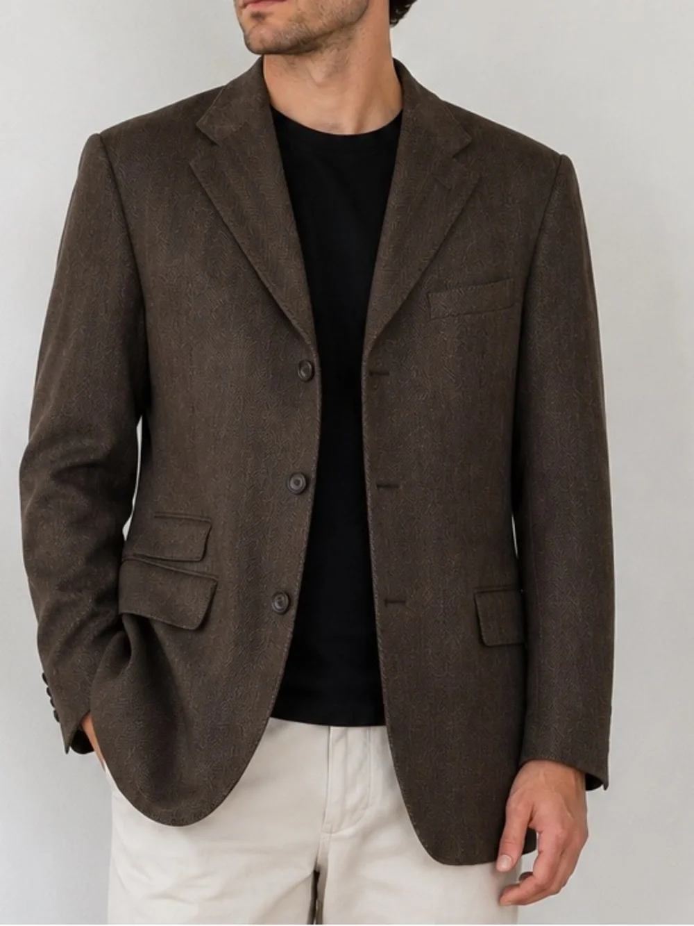 Corneliani ID Men’s Herringbone Blazer 95% wool  5% Cashmere Brown Italy US 46R